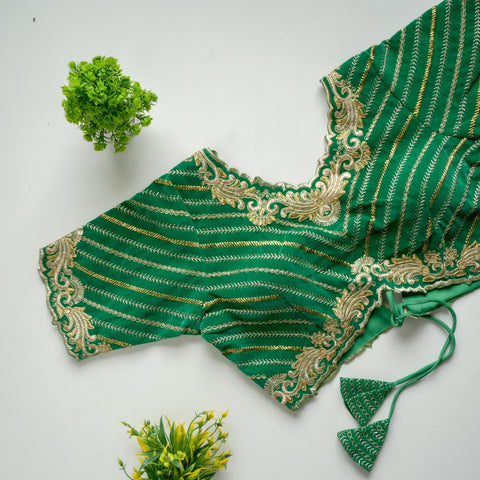 Green Taffeta Silk Blouse with Golden Embroidery and Sequins ClothsVilla.com Main image