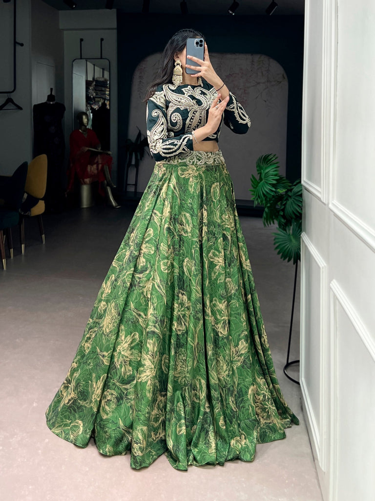 Green Tasar Silk Lehenga & Embroidered Blouse ClothsVilla