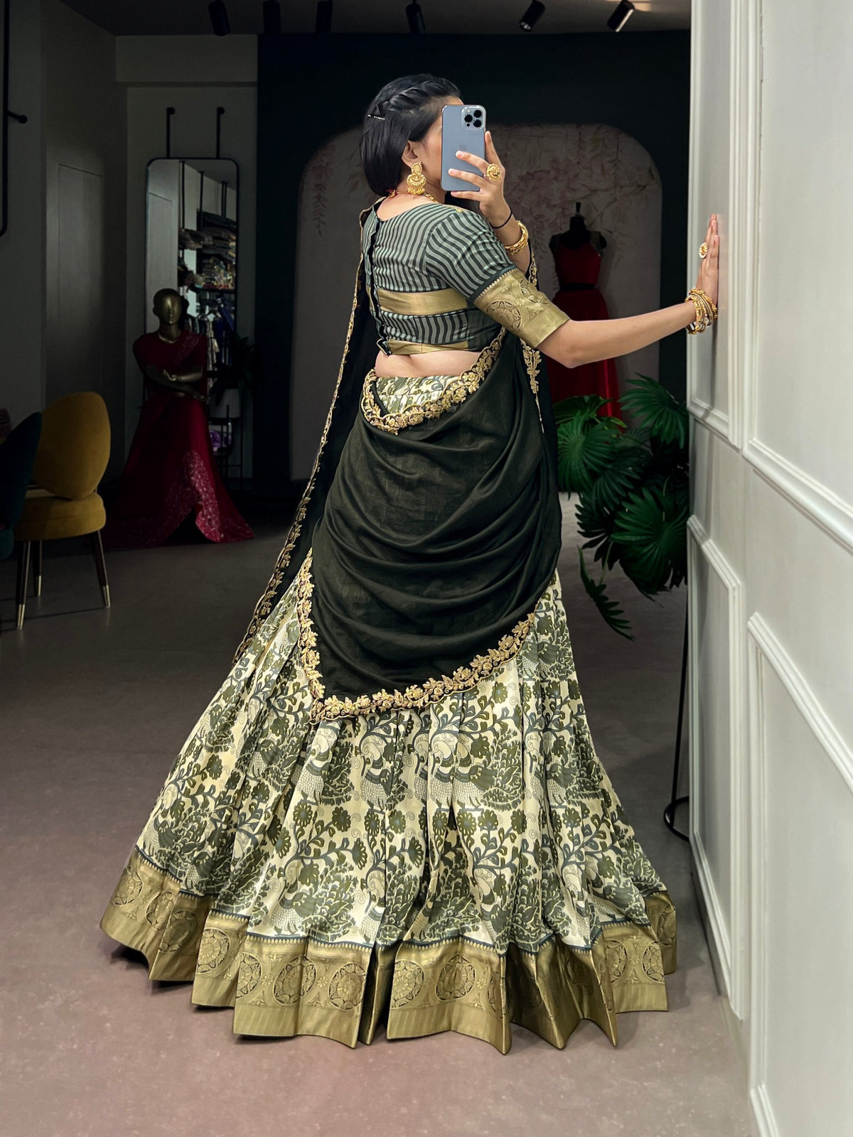 Green Tasar Silk Printed Lehenga ClothsVilla