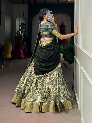 Green Tasar Silk Printed Lehenga ClothsVilla