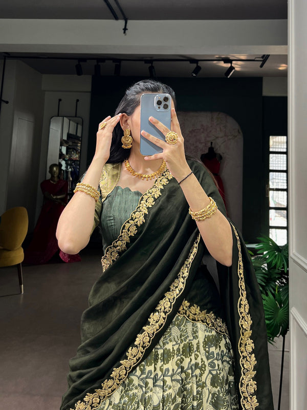 Green Tasar Silk Printed Lehenga ClothsVilla