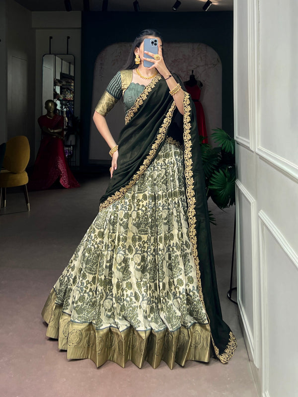 Green Tasar Silk Printed Lehenga ClothsVilla