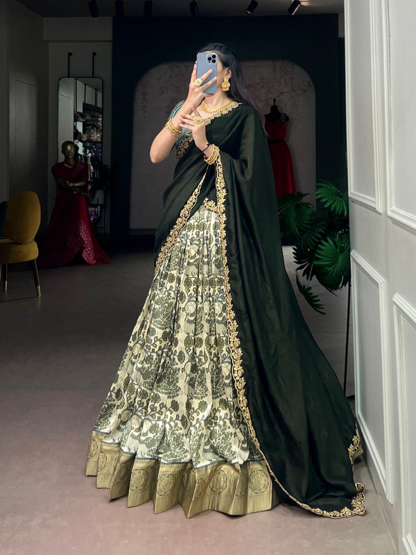 Green Tasar Silk Printed Lehenga ClothsVilla