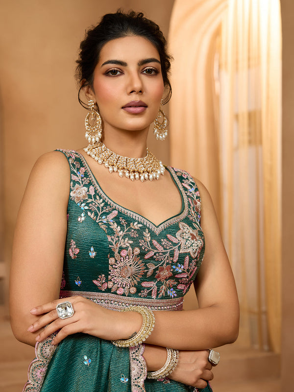 Green Tissue Lehenga Choli with Sequins, Stones & Thread Embroidery – Full-Flared Semi-Stitched Lehenga with Dupatta ClothsVilla