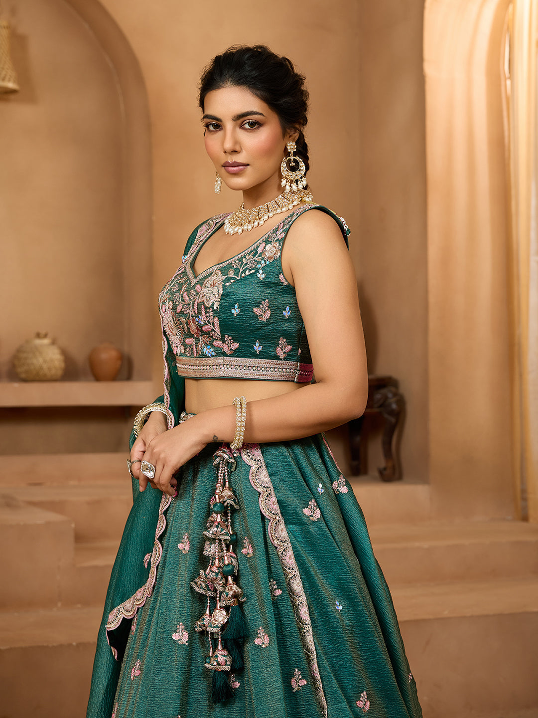 Green Tissue Lehenga Choli with Sequins, Stones & Thread Embroidery – Full-Flared Semi-Stitched Lehenga with Dupatta ClothsVilla