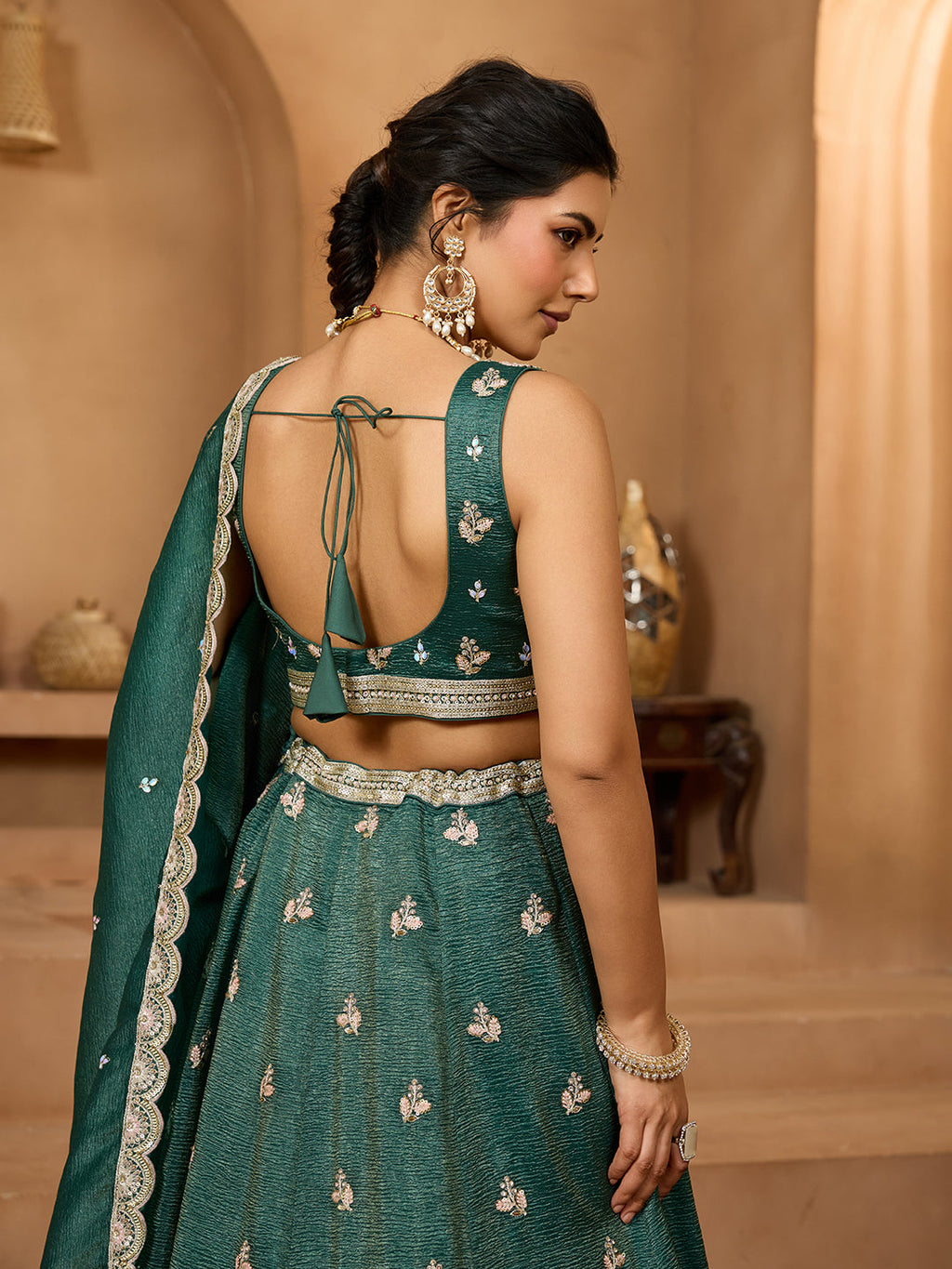 Green Tissue Lehenga Choli with Sequins, Stones & Thread Embroidery – Full-Flared Semi-Stitched Lehenga with Dupatta ClothsVilla