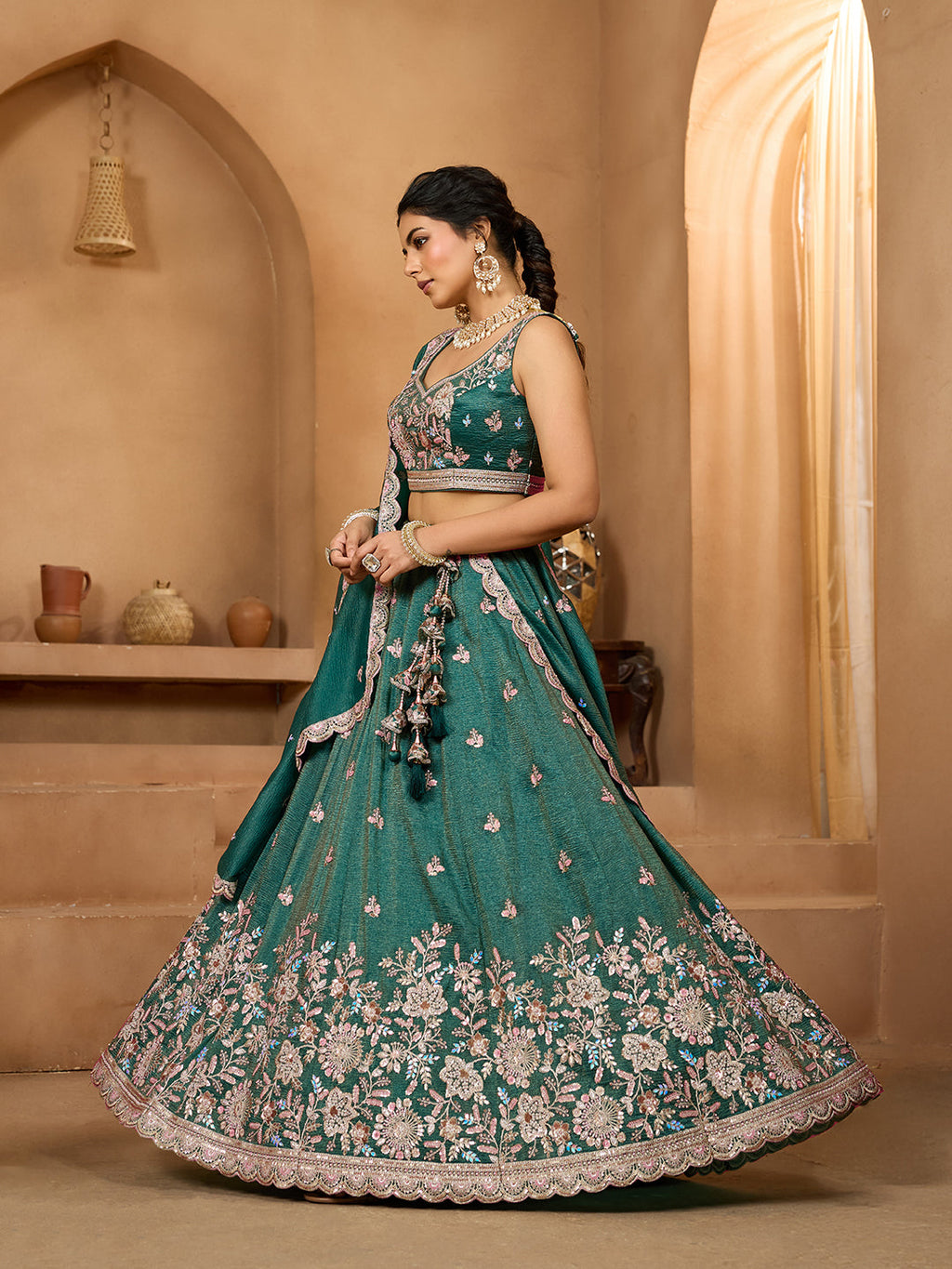 Green Tissue Lehenga Choli with Sequins, Stones & Thread Embroidery – Full-Flared Semi-Stitched Lehenga with Dupatta ClothsVilla