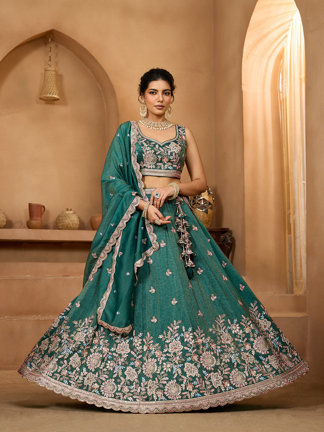 Green Tissue Lehenga Choli with Sequins, Stones & Thread Embroidery – Full-Flared Semi-Stitched Lehenga with Dupatta ClothsVilla Main image