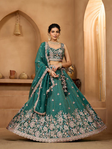 Green Tissue Lehenga Choli with Sequins, Stones & Thread Embroidery – Full-Flared Semi-Stitched Lehenga with Dupatta ClothsVilla