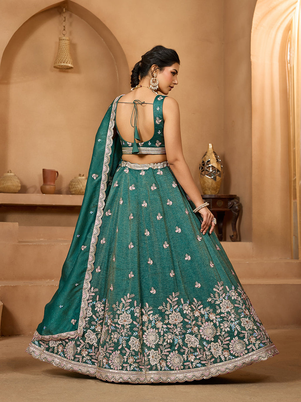 Green Tissue Lehenga Choli with Sequins, Stones & Thread Embroidery – Full-Flared Semi-Stitched Lehenga with Dupatta ClothsVilla