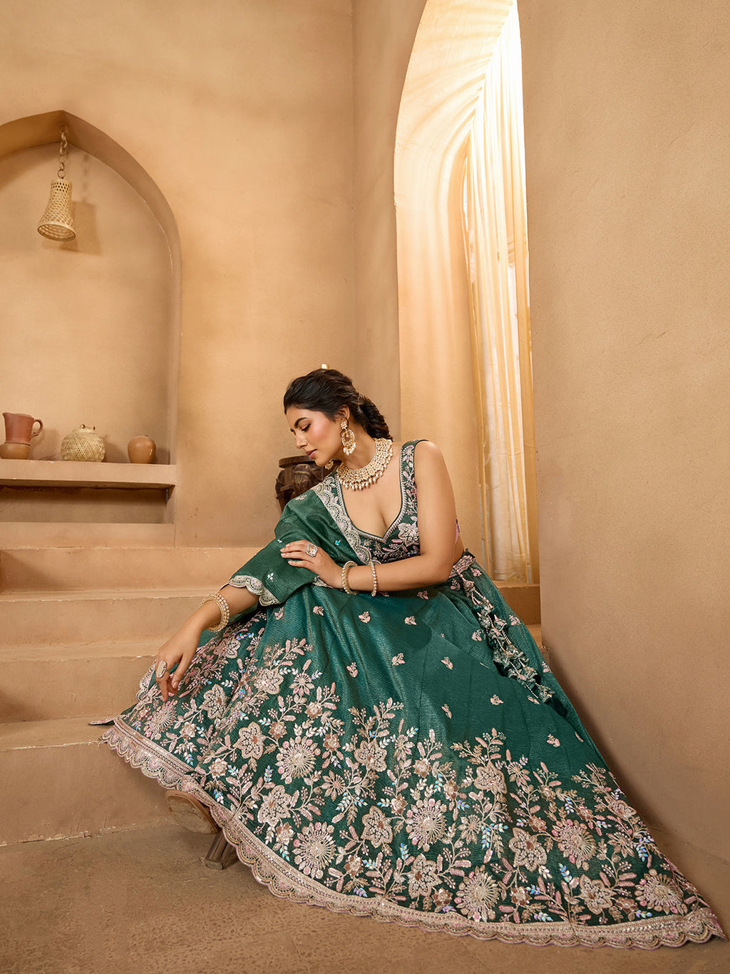 Green Tissue Lehenga Choli with Sequins, Stones & Thread Embroidery – Full-Flared Semi-Stitched Lehenga with Dupatta ClothsVilla