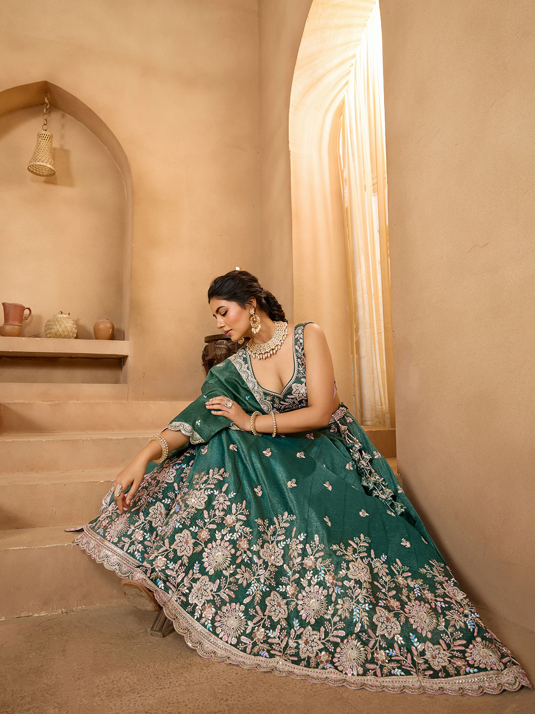Green Tissue Lehenga Choli with Sequins, Stones & Thread Embroidery – Full-Flared Semi-Stitched Lehenga with Dupatta ClothsVilla