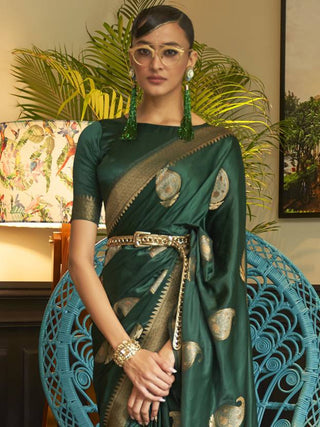 Green Traditional Baluchari Silk Blend Saree with Unstitched Blouse Piece ClothsVilla
