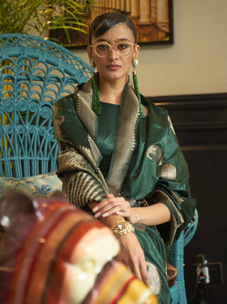Green Traditional Baluchari Silk Blend Saree with Unstitched Blouse Piece ClothsVilla