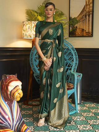 Green Traditional Baluchari Silk Blend Saree with Unstitched Blouse Piece ClothsVilla