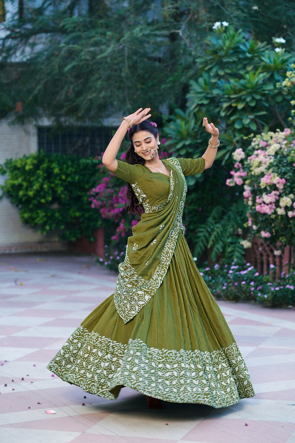 Green Traditional Chanderi Lehenga Set ClothsVilla