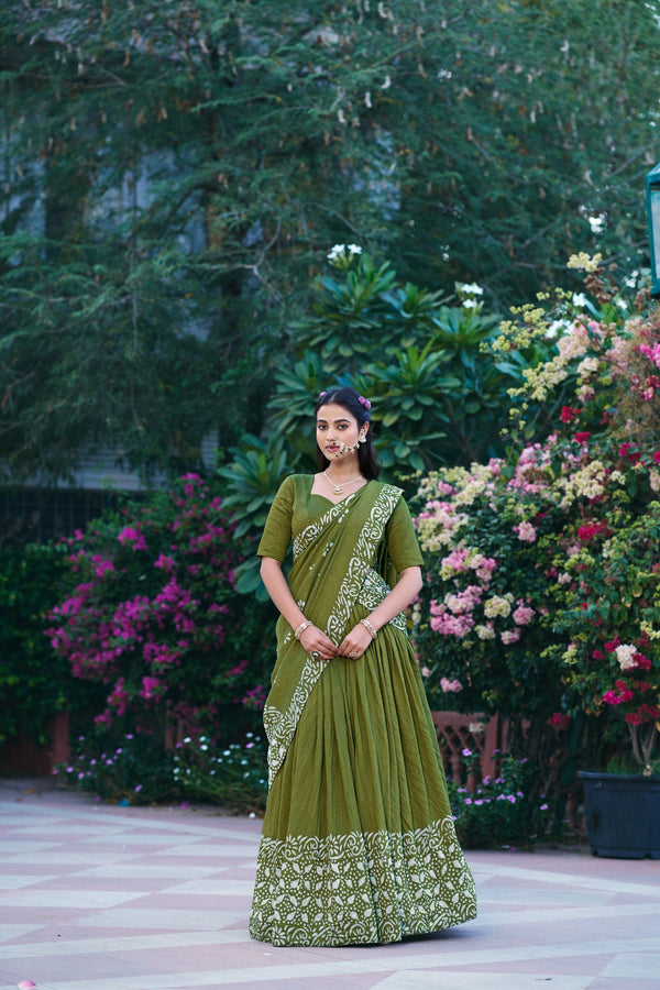 Green Traditional Chanderi Lehenga Set ClothsVilla
