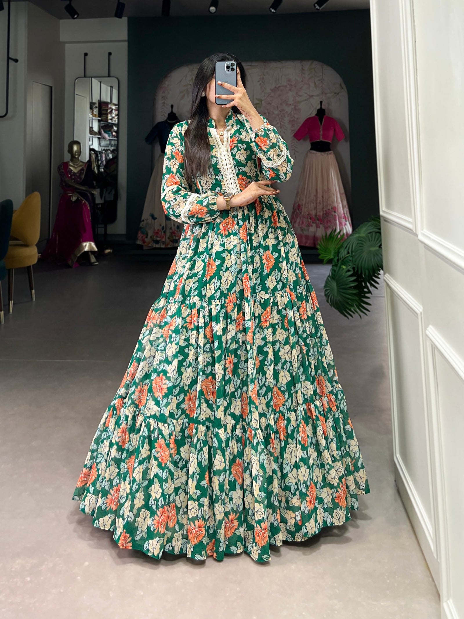 Green Triple-Layer Floral Georgette Gown – Effortless Elegance with 10-Meter Flair