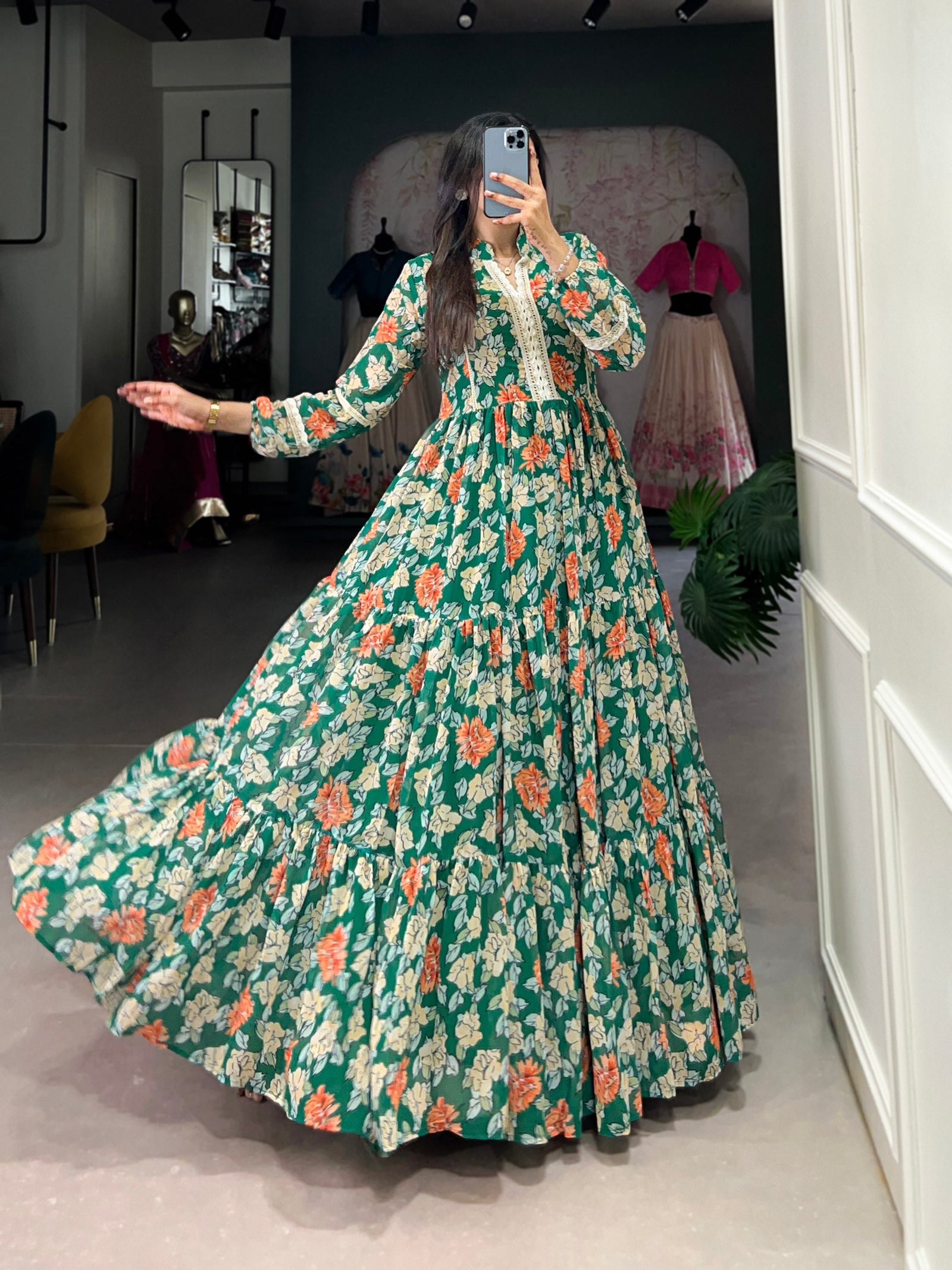 Green Triple-Layer Floral Georgette Gown – Effortless Elegance with 10-Meter Flair