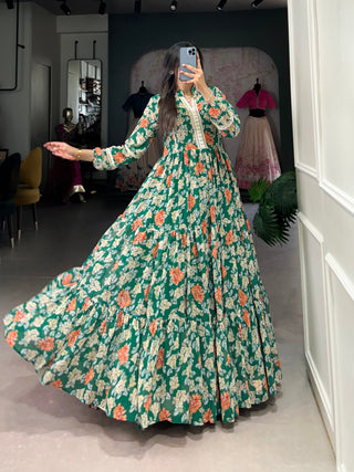 Green Triple-Layer Floral Georgette Gown – Effortless Elegance with 10-Meter Flair