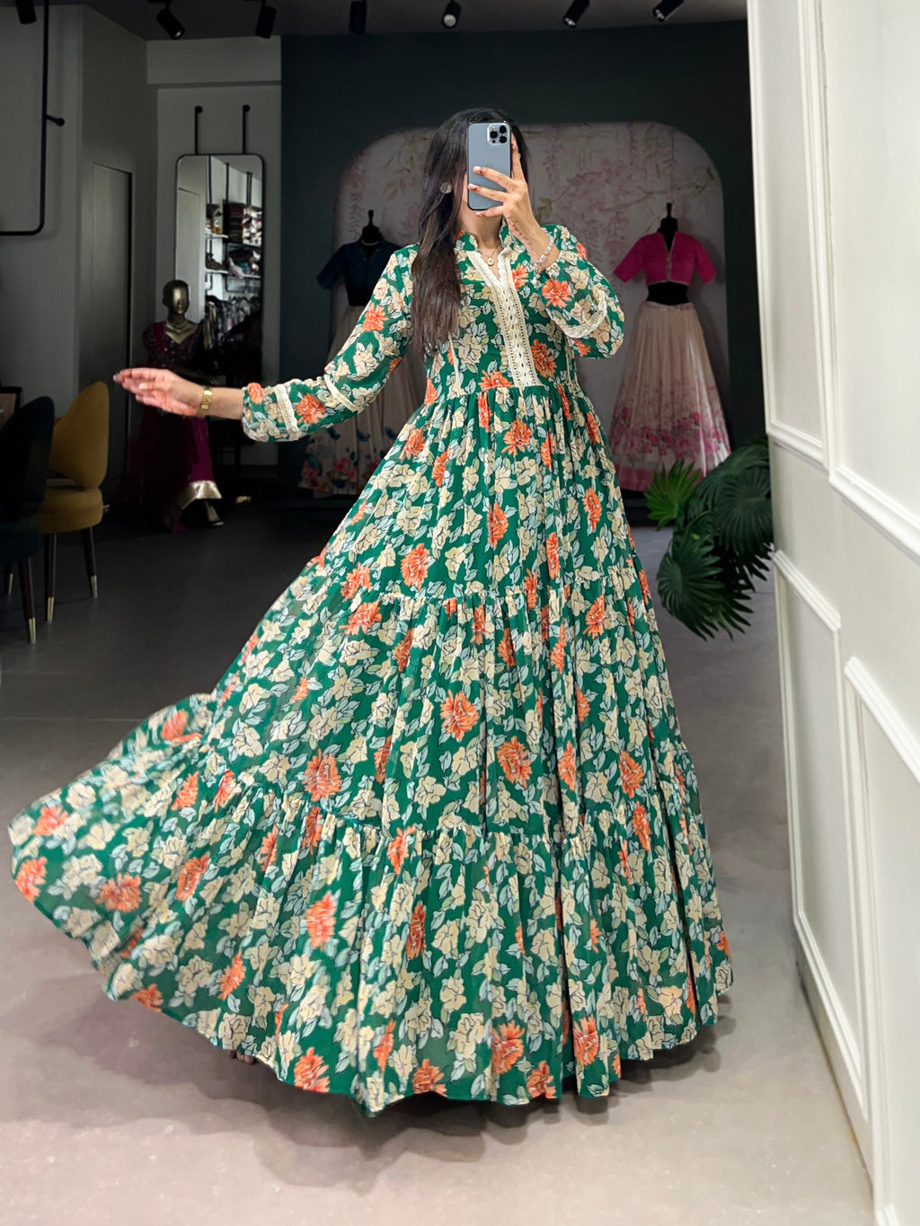 Green Triple-Layer Floral Georgette Gown – Effortless Elegance with 10-Meter Flair