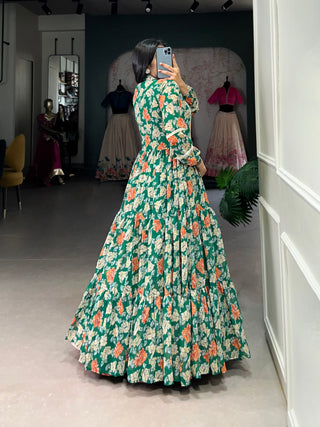 Green Triple-Layer Floral Georgette Gown – Effortless Elegance with 10-Meter Flair