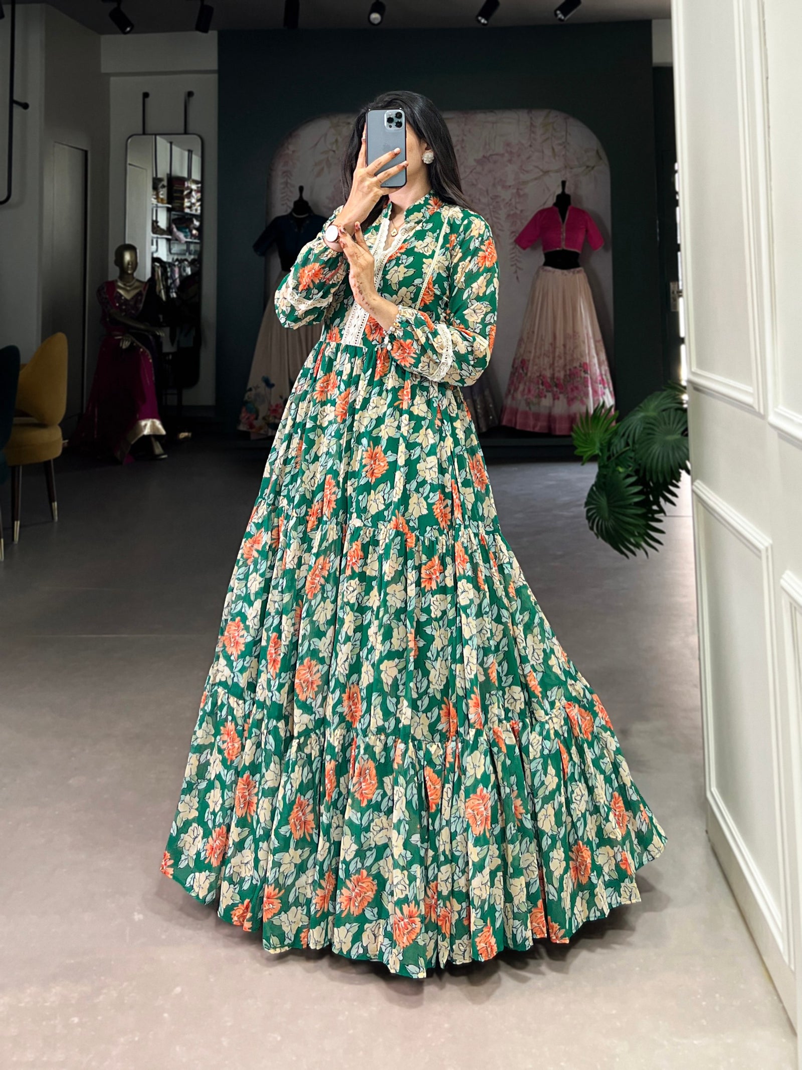 Green Triple-Layer Floral Georgette Gown – Effortless Elegance with 10-Meter Flair