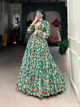 Green Triple-Layer Floral Georgette Gown – Effortless Elegance with 10-Meter Flair