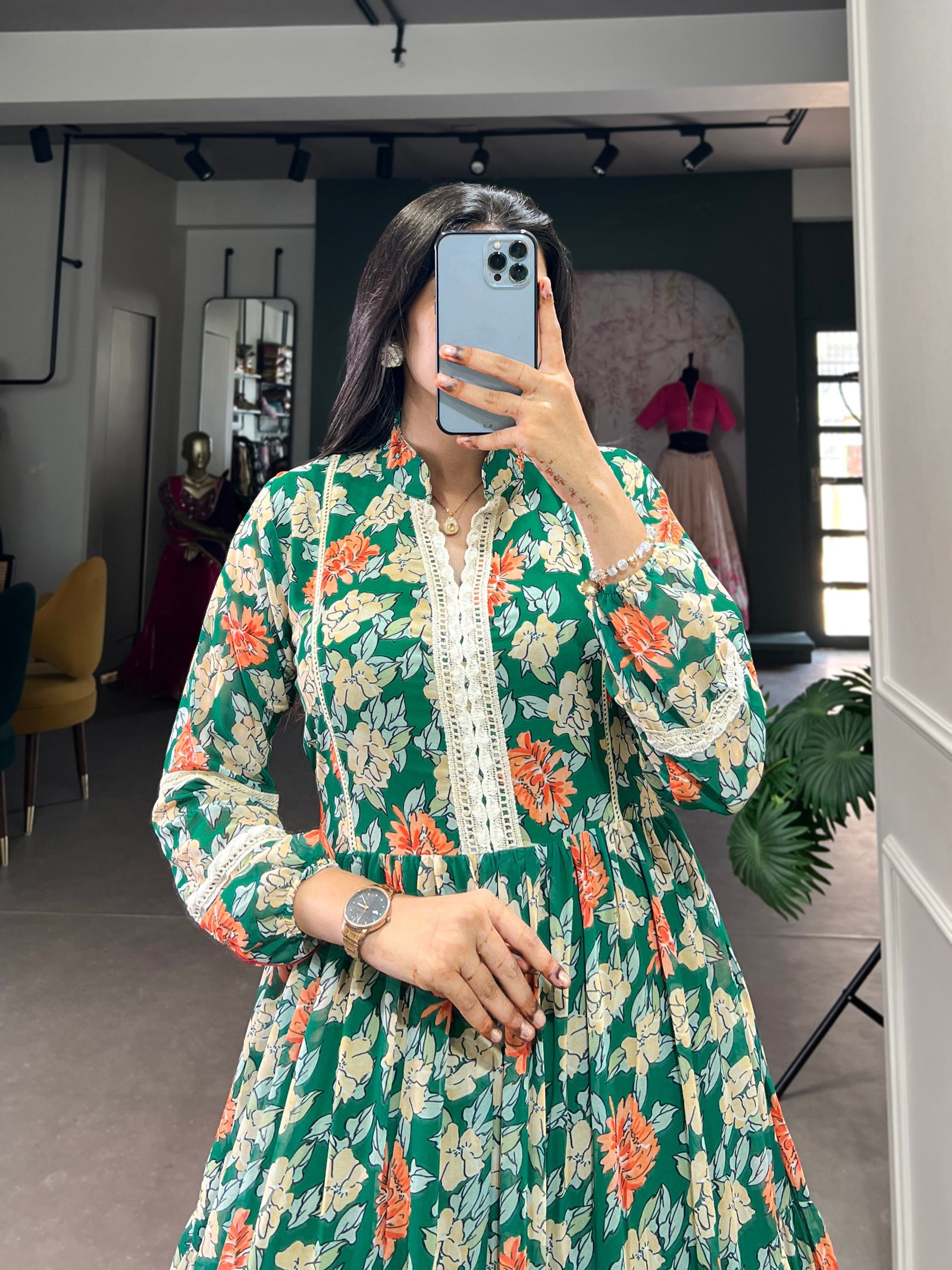 Green Triple-Layer Floral Georgette Gown – Effortless Elegance with 10-Meter Flair