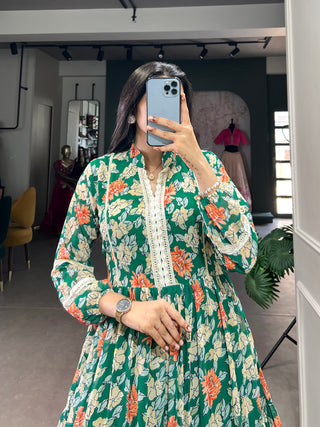 Green Triple-Layer Floral Georgette Gown – Effortless Elegance with 10-Meter Flair