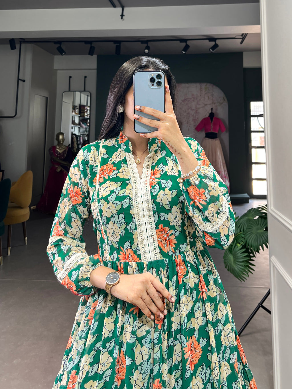 Green Triple-Layer Floral Georgette Gown – Effortless Elegance with 10-Meter Flair