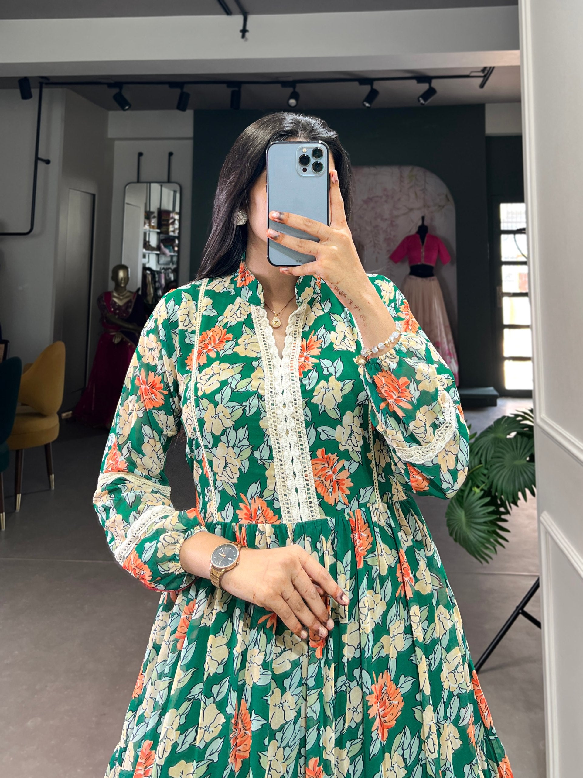 Green Triple-Layer Floral Georgette Gown – Effortless Elegance with 10-Meter Flair