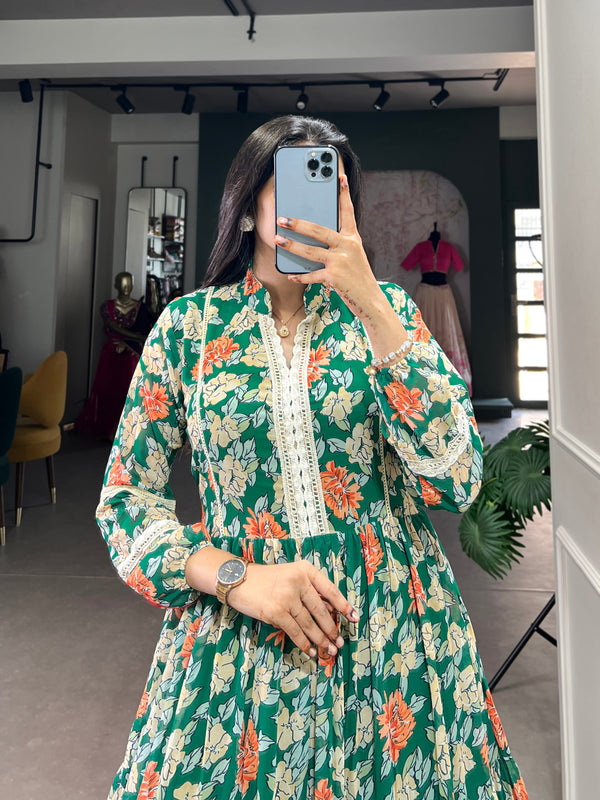 Green Triple-Layer Floral Georgette Gown – Effortless Elegance with 10-Meter Flair