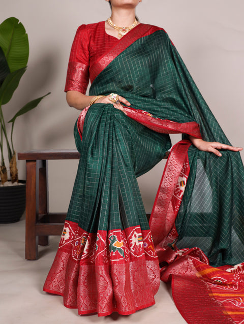 Green Tussar Chex Saree with Patola Print and Weaving Work Border Main image