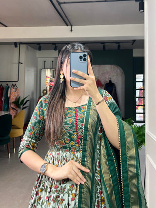 Green Tussar Silk Floral Gown with Foil Print & Dupatta ClothsVilla