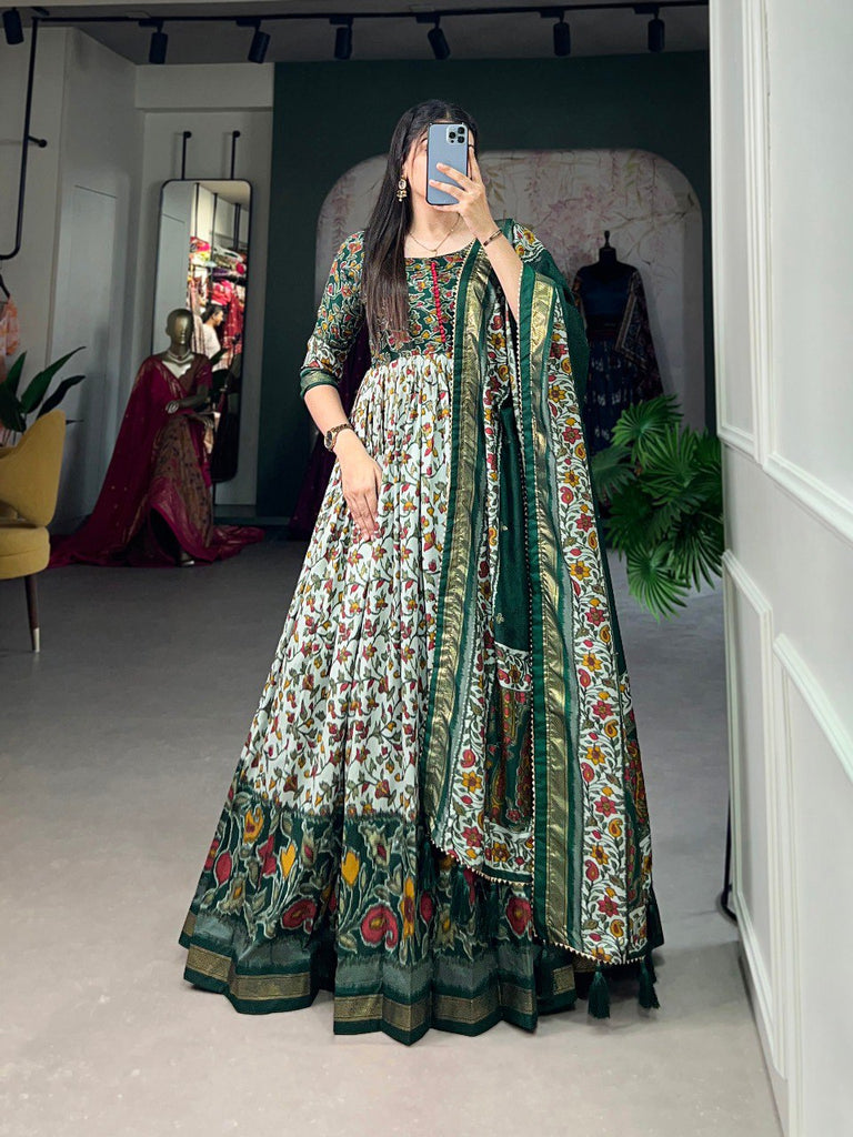 Green Tussar Silk Floral Gown with Foil Print & Dupatta ClothsVilla