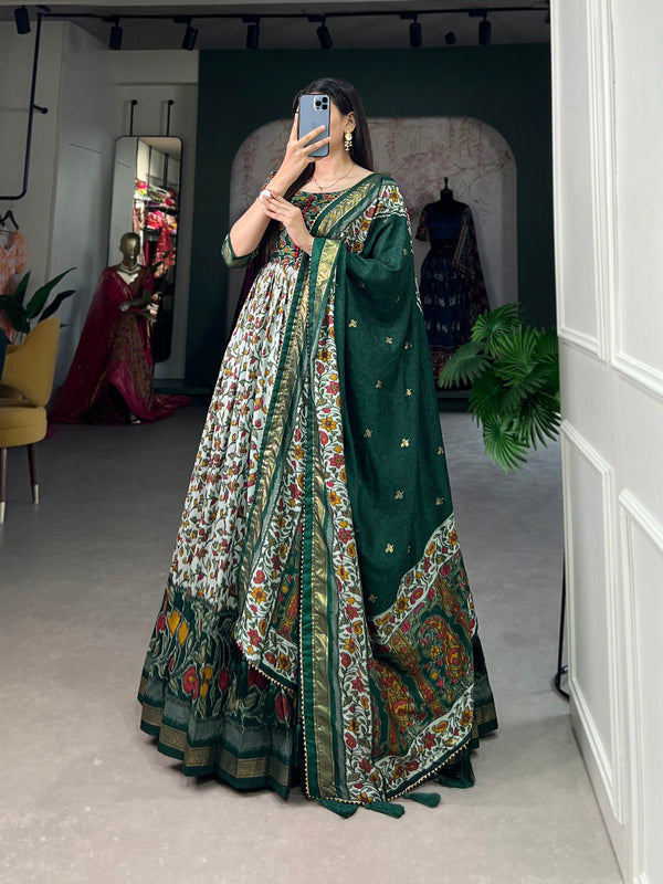 Green Tussar Silk Floral Gown with Foil Print & Dupatta ClothsVilla