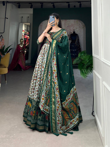 Green Tussar Silk Floral Gown with Foil Print & Dupatta ClothsVilla
