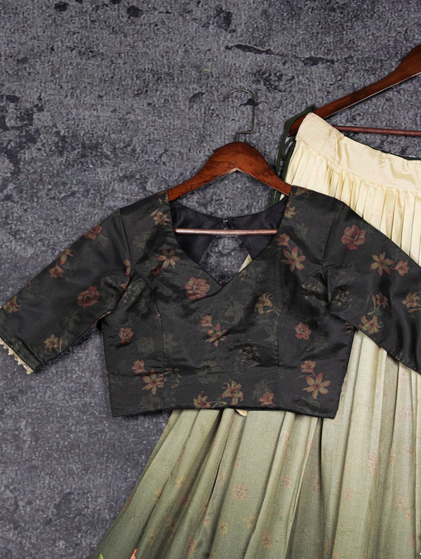 Green Tussar Silk Floral Lehenga Choli Set ClothsVilla