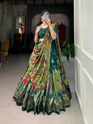 Green Tussar Silk Kalamkari Print Lehenga Choli