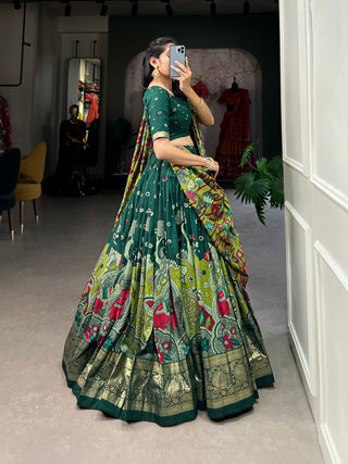 Green Tussar Silk Kalamkari Print Lehenga Choli