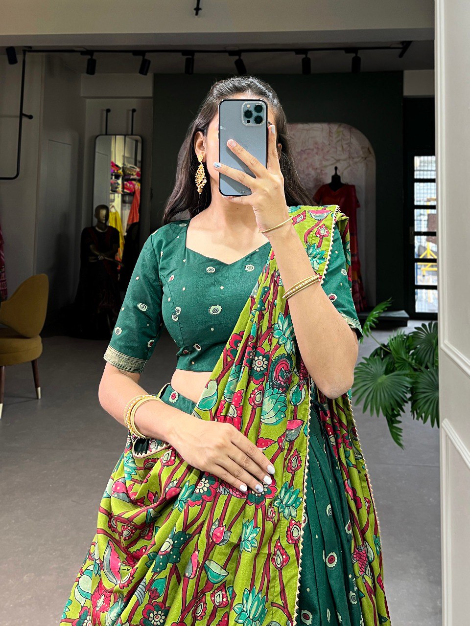 Green Tussar Silk Kalamkari Print Lehenga Choli