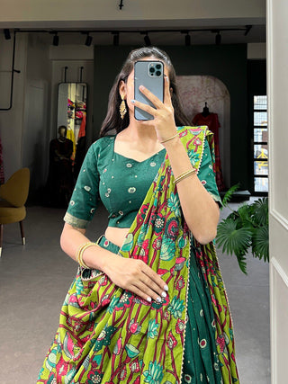 Green Tussar Silk Kalamkari Print Lehenga Choli