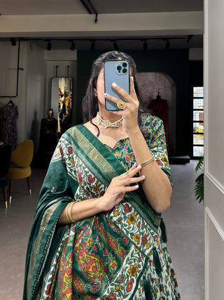 Green Tussar Silk Lehenga Choli with Foil Print ClothsVilla
