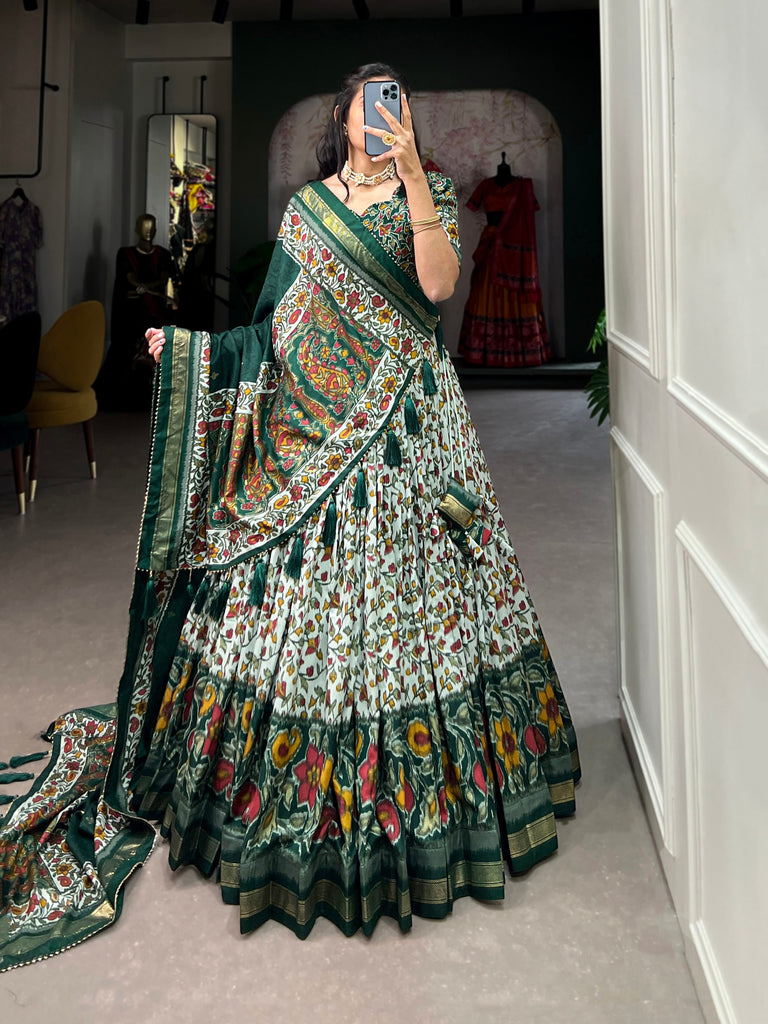 Green Tussar Silk Lehenga Choli with Foil Print ClothsVilla