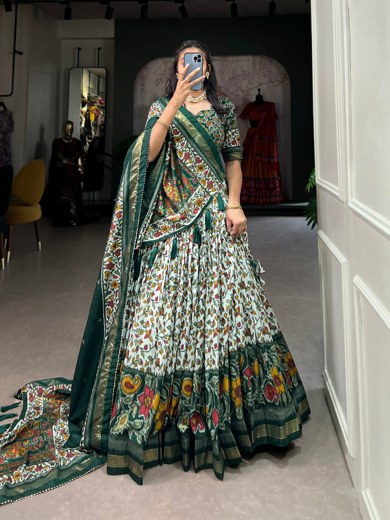 Green Tussar Silk Lehenga Choli with Foil Print ClothsVilla