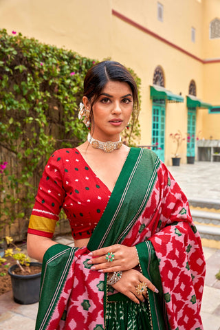 Green Tussar Silk Lehenga Choli with Printed Foil Work ClothsVilla