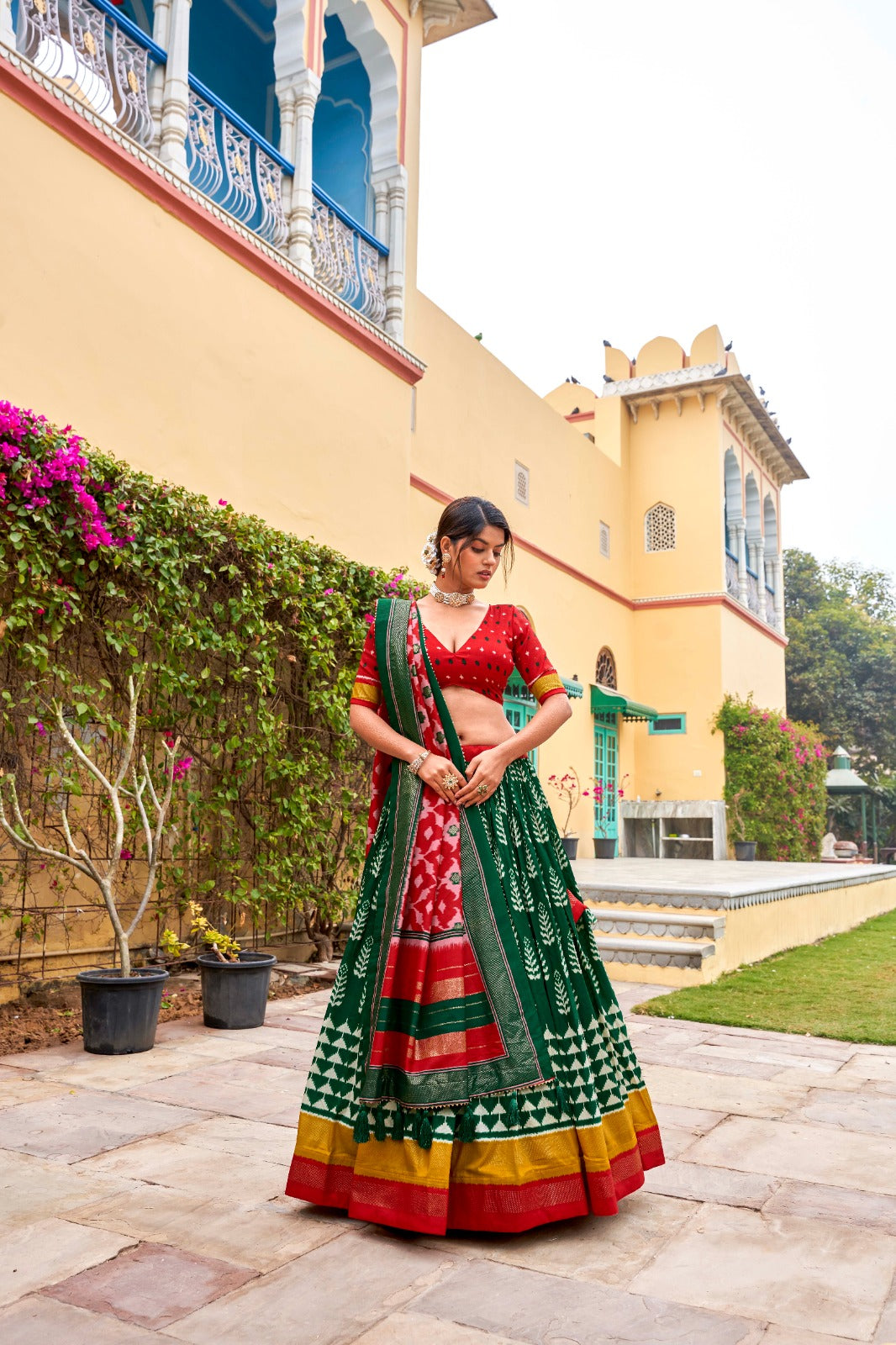 Green Tussar Silk Lehenga Choli with Printed Foil Work ClothsVilla