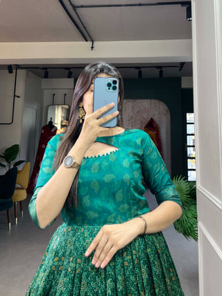 Green Tussar Silk Printed Gown with Woven Border ClothsVilla