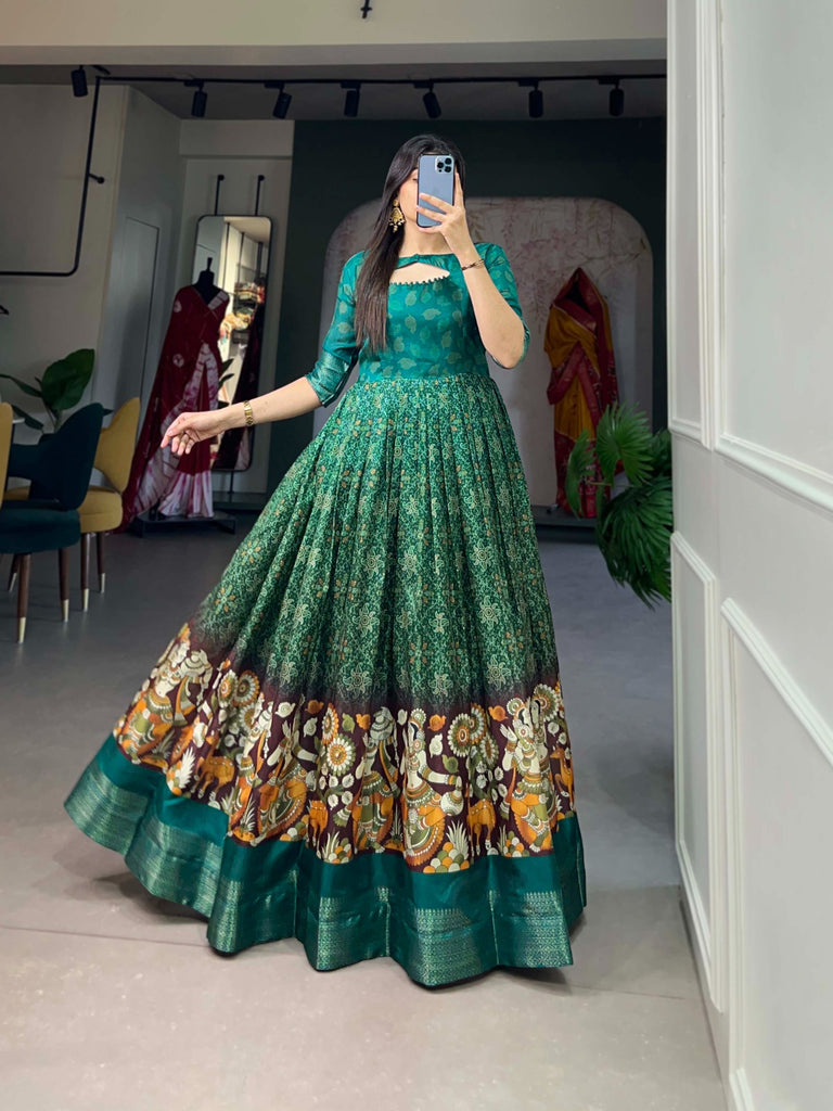 Green Tussar Silk Printed Gown with Woven Border ClothsVilla